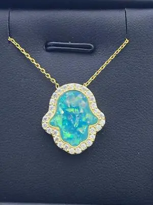 18k Gold Sterling Silver Blue Opal Hamsa Design Hand Of God Good Luck Necklace • £74.86