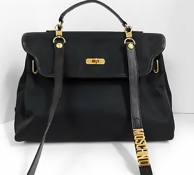 Moschino Redwall Italy Vintage Black Nylon Leather Large Satchel Crossbody Bag • $394.99