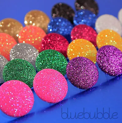FUNKY LARGE 20mm ROUND GLITTER STUD EARRINGS RETRO KITSCH 70s 80s DISCO SPARKLE • £7.50