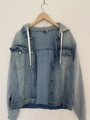 H&m Jersey Sleeve Hooded Denim Jacket - Size Xl • £19