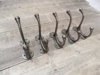 5 Iron Coat Hooks Antique Style Cast Iron 3 3/4  Wall Double Restoration  • $23.99