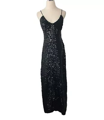 Black Sequined Maxi Dress XS/S Iridescent Spaghetti Strap Side Slit Sheath Gown • $38