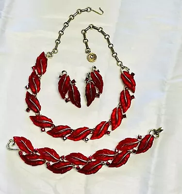 Vintage High End Designer Signed Ruby Red Rhinestone Leaf Necklace By Lisner • $51