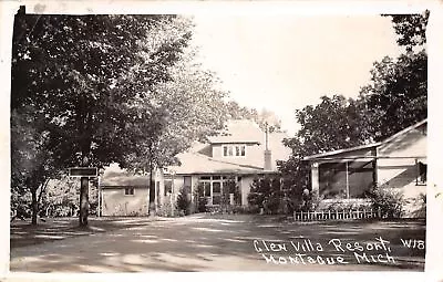 Montague Michigan~Glen Villa Resort~Porch Screen On Bungalow~Sign RPPC 1941 • $10