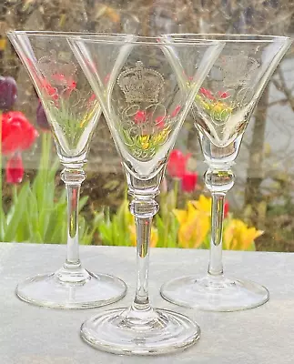 3 X QUEEN ELIZABETH II CORONATION ENGRAVED 90ml COCKTAIL GLASS ES 2nd JUNE 1953 • £14.99