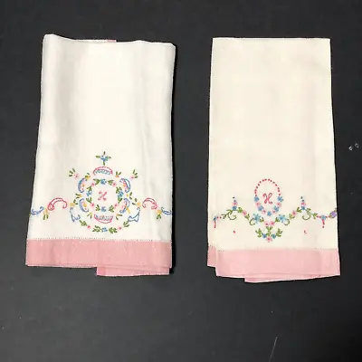 Vintage Tea Towel Set Monogram H K X Embroidered Tiny Flowers Pink Blue • $19.99