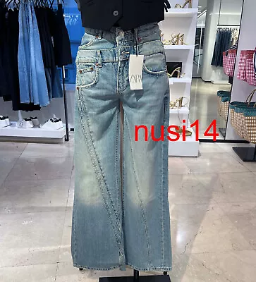 $74.19 • Buy Zara New Woman Asymmetric Trf Wide-leg Double-waistband Jeans Pant Blue 6688/202
