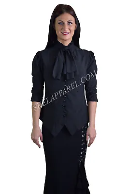 Gothic Victorian Steampunk Black Ruffle Tie Neck Rutched Sleeve Blouse  • $35.95