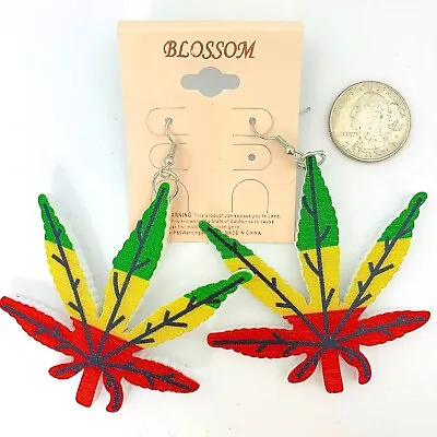 WOODEN MARIJUANA LEAF EARRINGS Style 1 Rastafari Colors Rasta • $2