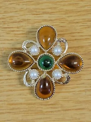Vintage Emmons Gold Tone Maltese Cross Brooch/Pin W/ Faux Topaz Pearls &Emerald • $24.99