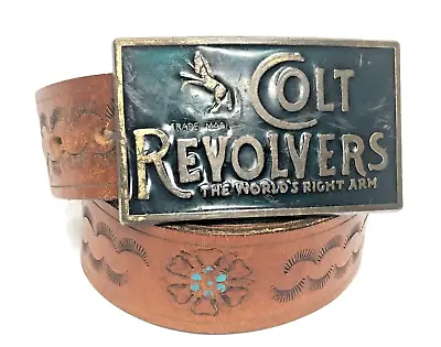 VTG Colt Revolvers Buckle W/ Belt Adult Leather Medium 33-37  Embossed Unisex • $17.95