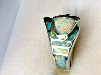 Vintage David Freeland Art Deco Ladies Blue Red Fire Opal Ring 4.5 Sterling 925 • $229