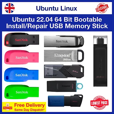 Ubuntu LTS 22.04 Linux OS Install/Try Bootable USB Flash Drive 64 Bit New • £10.99
