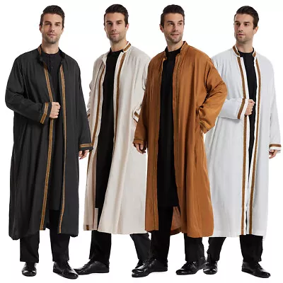 Muslim Men Long Cardigan Robe Arab Solid Long Sleeve Kaftan Ethnic Clothes Abaya • $30.83