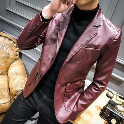 Men's Fashion Blazer Faux Leather Jacket Casual Formal Suit Coat Business Slim • $30.19