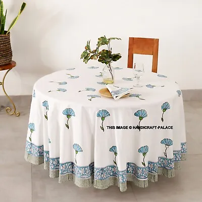 Cotton Block Print Floral Tablecloth Round 72 Inches White Blue Kitchen Linen • $45.99