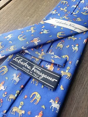 Salvatore Ferragamo Tie Blue Elephant Giraffe Zebra Animal Zoo Printed Silk • $52