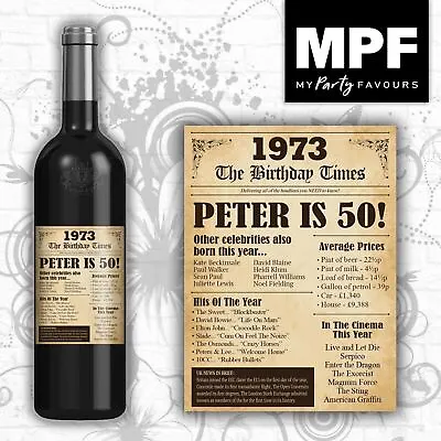 £3 • Buy Personalised 1973 50th Birthday Wine Gin Vodka Bottle Label - Newspaper