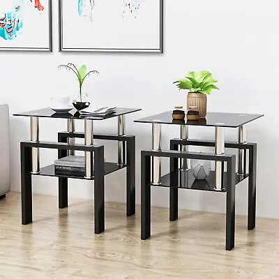 Modern Set Of 2 Coffee Table Tempered Glass Tea Table Square Table End Table • $70.99