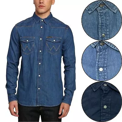 Wrangler Denim Shirt Long Sleeve Vintage Western Cowboy Relaxed Stretch Shirts • £12.99