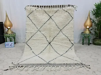 Moroccan Beni Ourain Handmade Rug 4'4 X6'5  Geometric Berber White Black Rug  • $390