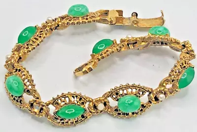 Florenze Gold Tone Green Gem Filigree Bracelet Vintage • $17.50