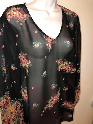CABI - Womens M - Black SHEER L/S Tunic Blouse Top W/ PINK  FLORAL Print • $17.50