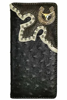 Long Horn Mens Wallet Western Bifold Check Book Style W039-6 Ostrich Black • $12.99