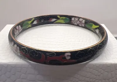 Cloisonné Enamel Brass Bangle Vintage Bracelet Black Base Floral Design Asian • $10