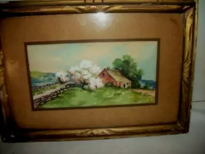 1910 Miniature Painting Watercolor Landscape Stone Wall House Chippy Frame • $56.99