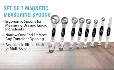 Set Of 7 Black Magnetic Measuring Spoons - Stainless Steel Teaspoon With Leveler • $10.95