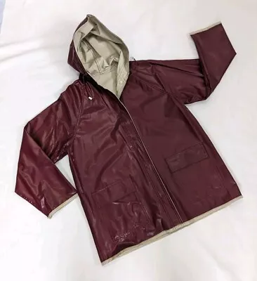 Vintage 80s Aqua Sheen Burgundy And Tan Reversible Raincoat Size Small AS IS * • $15.99