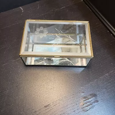Vintage Etched Beveled Glass Trinket Jewelry Box Footed Mirrored Base. (read) • $17