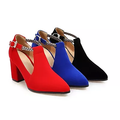 2018 Chic Women Pointed Toe Faxu Suede Block Mid High Heels T Strp Pumps Shoes  • £30.83