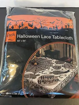 Halloween Black  Lace TableCloth 60 X 84 NIP Happy Halloween By Fresh Decor NEW • $9.95