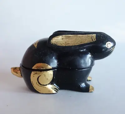 Black Lacquer Rabbit Trinket Box Small Painted Wood 2-pc Bunny Container Easter • $12.50