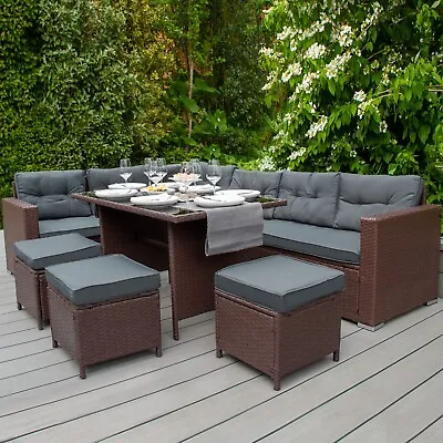 Rattan Corner Set Garden Furniture Brown Sofa Stools Table Waterproof Cushions • £649.99