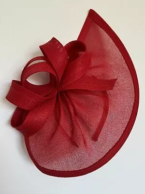 Red Fascinator Hat Headband Wedding Guest Moon Teardrop Sinamay Disc Vegan • £12.99