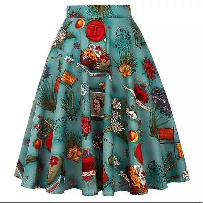 Frida Kahlo Inspired Mexican Theme Vintage Style Skirt Size L Blue Tones • $34.95