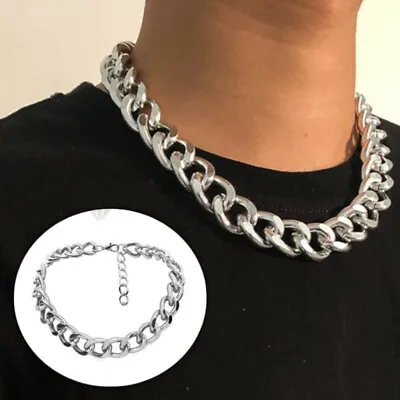 Men Women Shiny Miami Cuban Link Chain Choker Punk 8MM Wide Silver Tone Necklace • £3.99