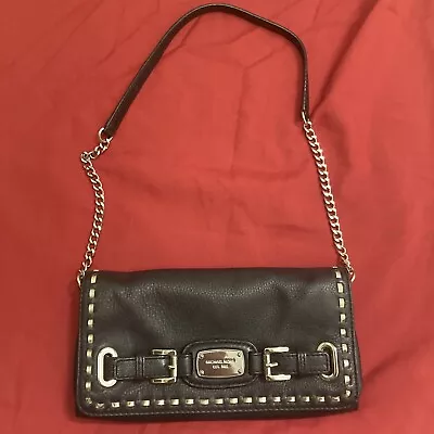 MICHAEL KORS Black Pebbled Leather Studded Chain Flap Clutch Super Cute • $45