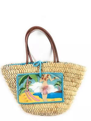 Amanda Smith Beach Tote Scene Hawaiian Sea Grass Skirt Hula Monkey Palms • £43.79