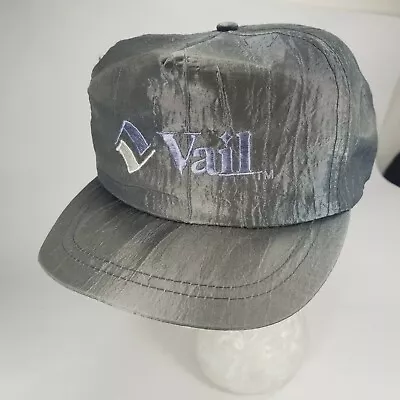 Vintage Vail Colorado Ski Hat Cap Embroidered Silver Shiny Leather Strap Back • $49.99