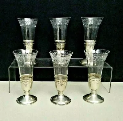 6 Sterling Silver Parfait Glasses W Etched Inserts Webster Vintage  • $250