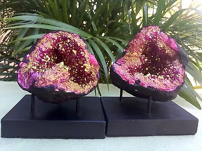 Large Pink Geode Pair W/Stands Pink Crystal Geode Quartz Specimen Moroccan Geode • $26.99