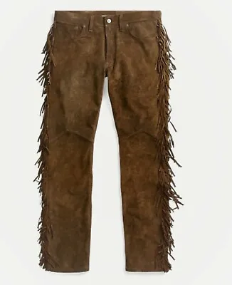 Men Native American Brown Cowboy Suede Leather Jeans Style Pants With Fringes • $114.99