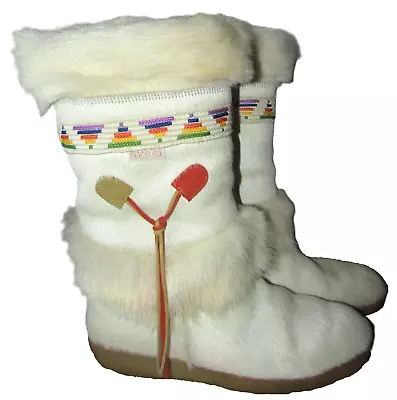 VGUC VTG Tecnica Fur Apres Ski Boots Tribal Women's Size 9.5 White Made In Italy • $120