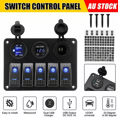 $29.49 • Buy 5 Gang 12V 24V Switch Panel ON OFF Toggle LED Rocker Dual USB Car Marine Boat RV