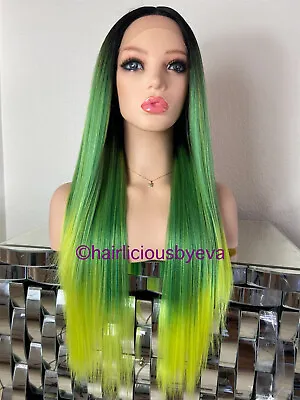 Pastel Rainbow Wig Ombré Black Green Yellow Middle Part 26 Inch Long Straight • $49