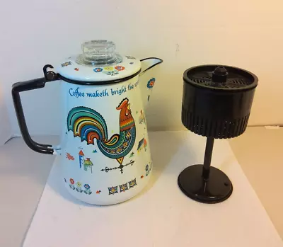 Vintage Berggren Coffee Tea Kettle Sweden Enamelware 1960's Coffee Maketh Bright • $39.99